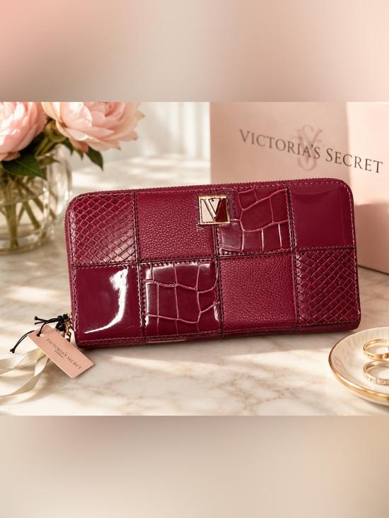 Victoria's Secret Handbags - Victoria’s Secret NWT Maroon Patchwork Zip Around Wallet Gold Hardware